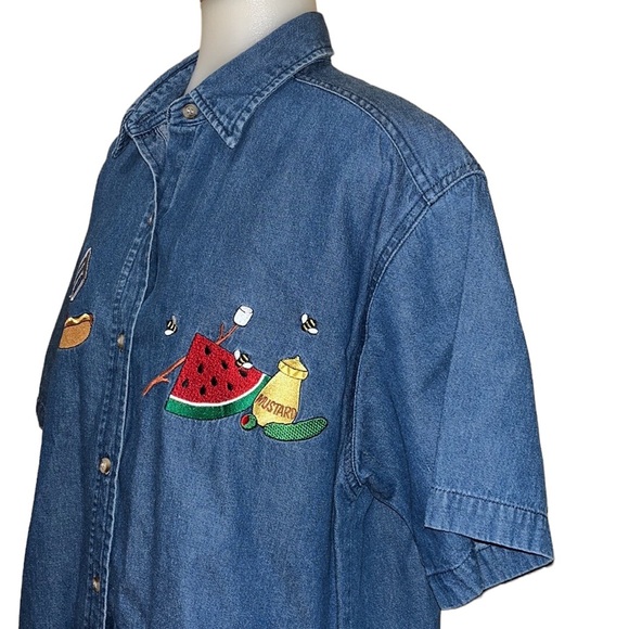 Vintage 90s Y2K Mandal Bay Embroidered Picnic Theme Button Shirt~Watermelon+ - Picture 2 of 7